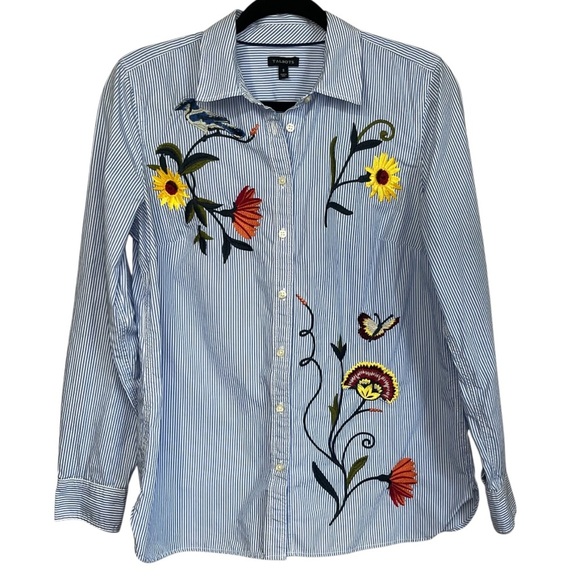 Talbots Embroidered 100% Cotton Button Down Ling Sleeve Blue & White Size Small - Picture 2 of 12
